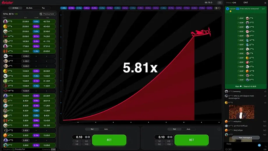 Interfaz de Aviator Argentina: multiplicador en vivo, apuestas y chat